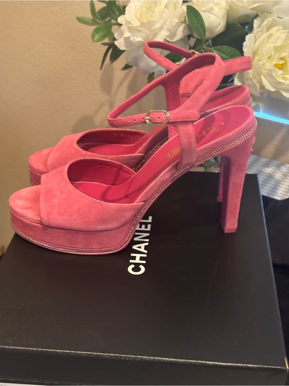 CHANEL Pink Suede Platform Slingback Sandals